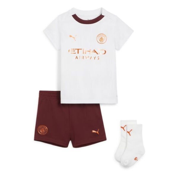 Manchester City Away Kids kit 2023-24 with Haaland 9 printing Jersey - White - Image 3