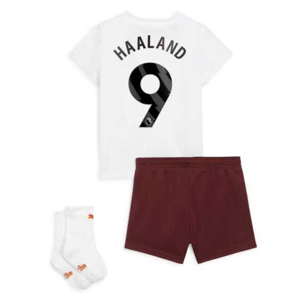 Manchester City Away Kids kit 2023-24 with Haaland 9 printing Jersey - White - Image 2