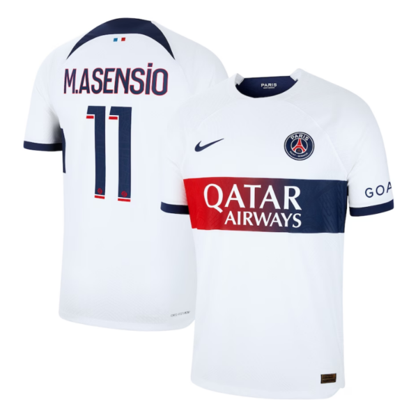 Paris Saint-Germain Away Shirt 2023-24 with Player M.Asensio 11 printing Jersey - White